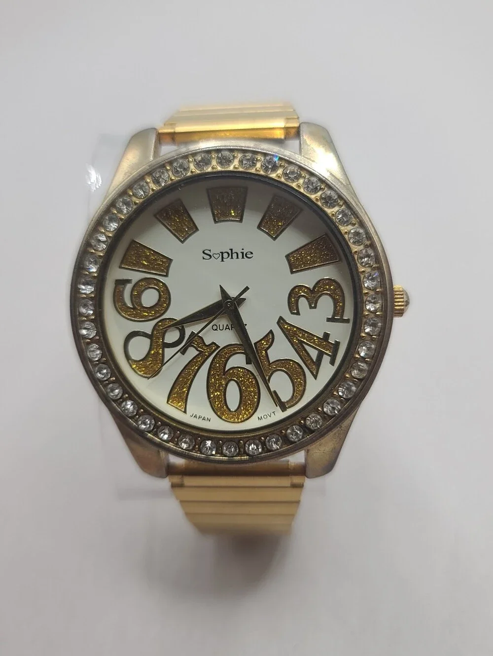 Women's Stretchy Band Gold Tone Rhinestone Fashion Watch Large Face